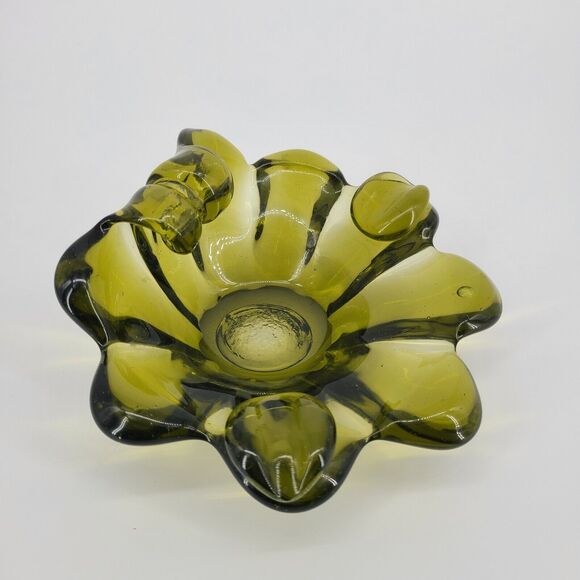 Vintage Murano Style Art Glass Olive Green Candy Dish - Picture 2 of 4